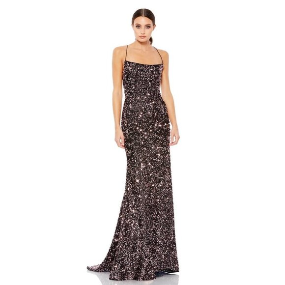 NWT Mac Duggal Stretch Sequined Open Back Lace Up Gown Black Rose 8 #8476 - Picture 1 of 8